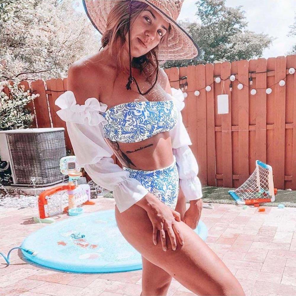 High Waisted Puff Sleeve Tie Front Bikini Swimsuit - TZ21109B1 / S On sale