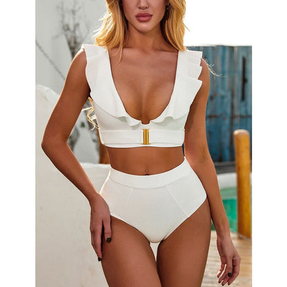 High Waisted Short Puff Sleeve Self Tie Bikini - solid white 1 / S On sale