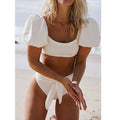 High Waisted Short Puff Sleeve Self Tie Bikini - solid white / S On sale