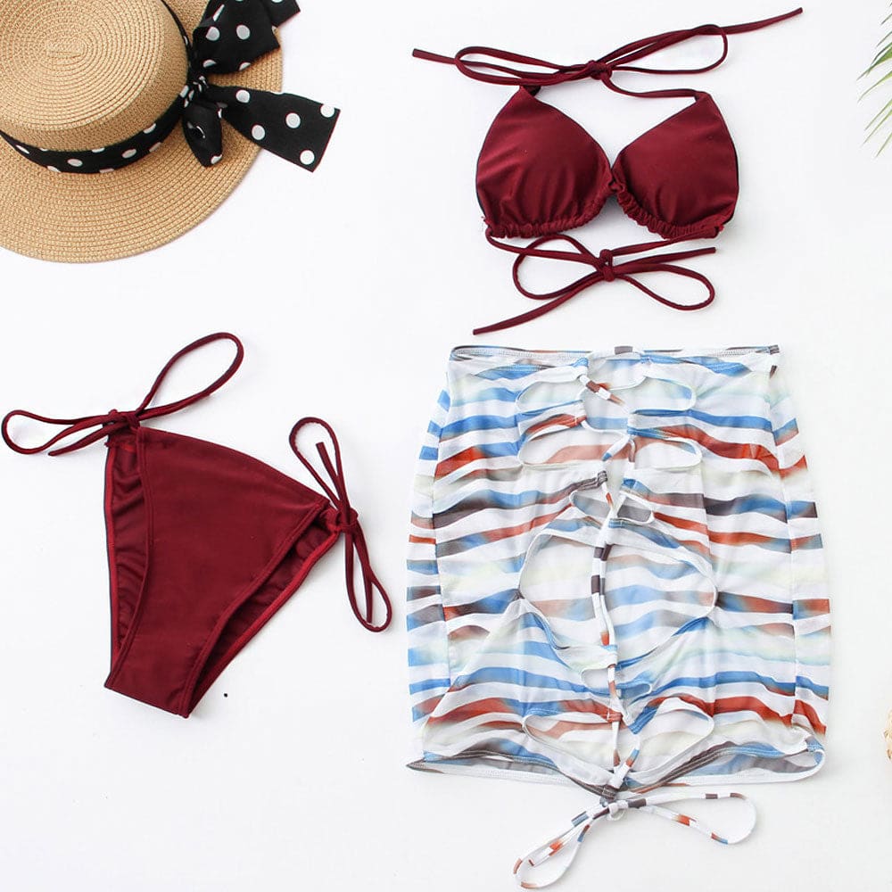 Lace Up Sarong Tie String Three Piece Swimsuit - On sale