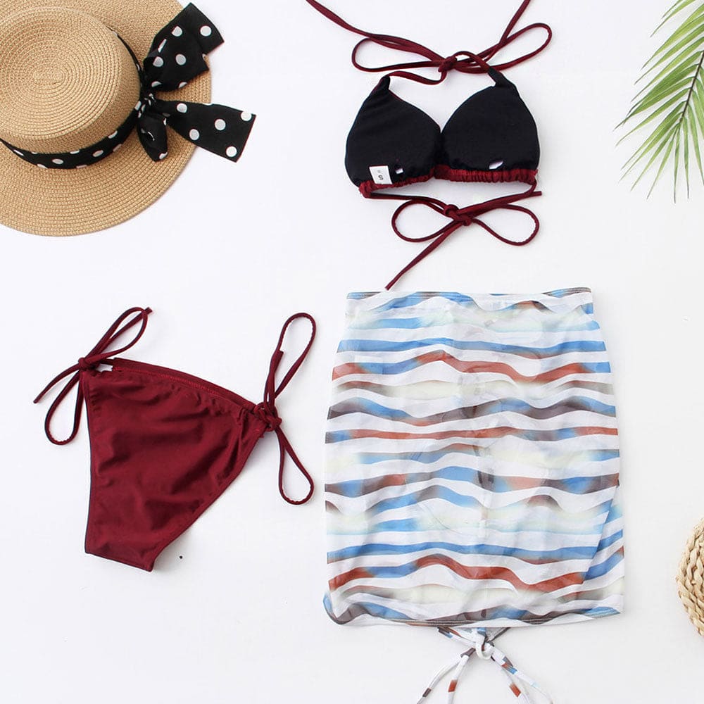 Lace Up Sarong Tie String Three Piece Swimsuit - On sale
