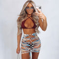 Lace Up Sarong Tie String Three Piece Swimsuit - Burgundy / S On sale