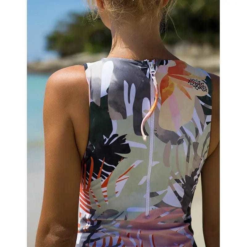 Leaves Print High Neck Monokini Zipper One Piece Swimsuit - On sale