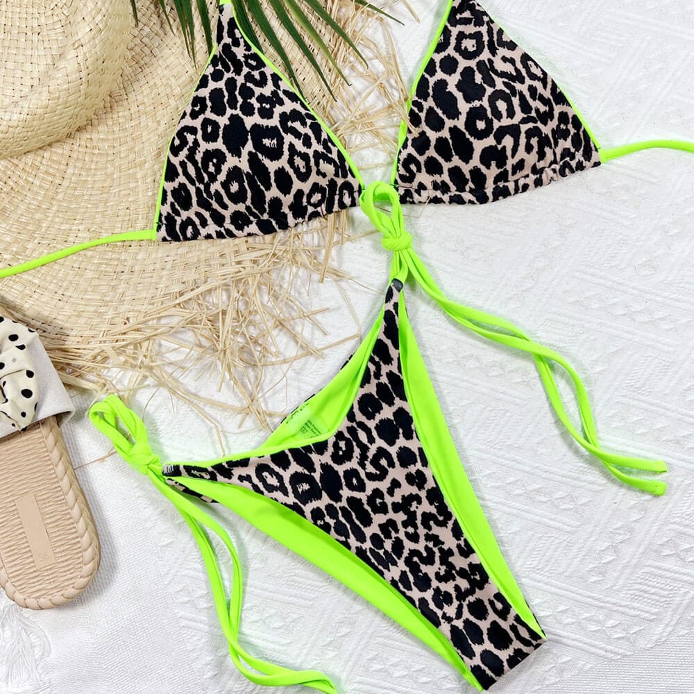 String Triangle Bottom Leopard Bold String Triangle Bikini Swimsuit - Sunnybikinis
