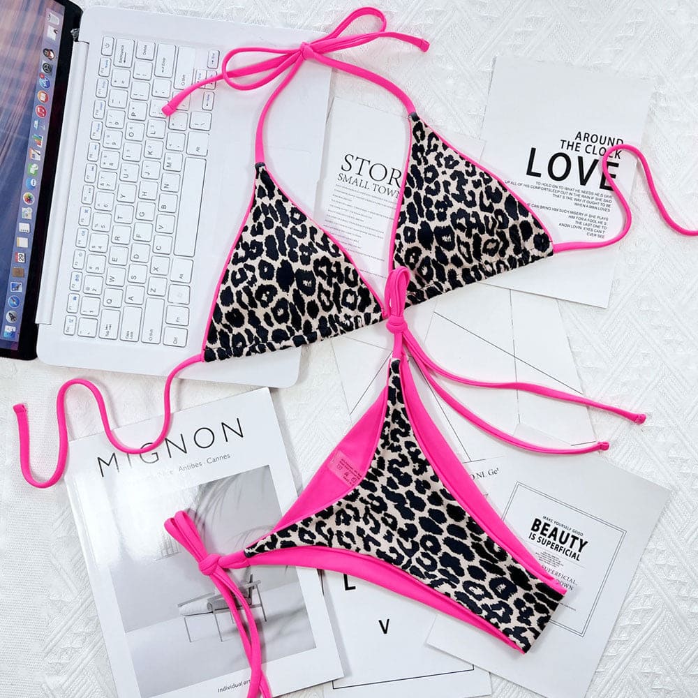 String Triangle Bottom Leopard Bold String Triangle Bikini Swimsuit - Sunnybikinis