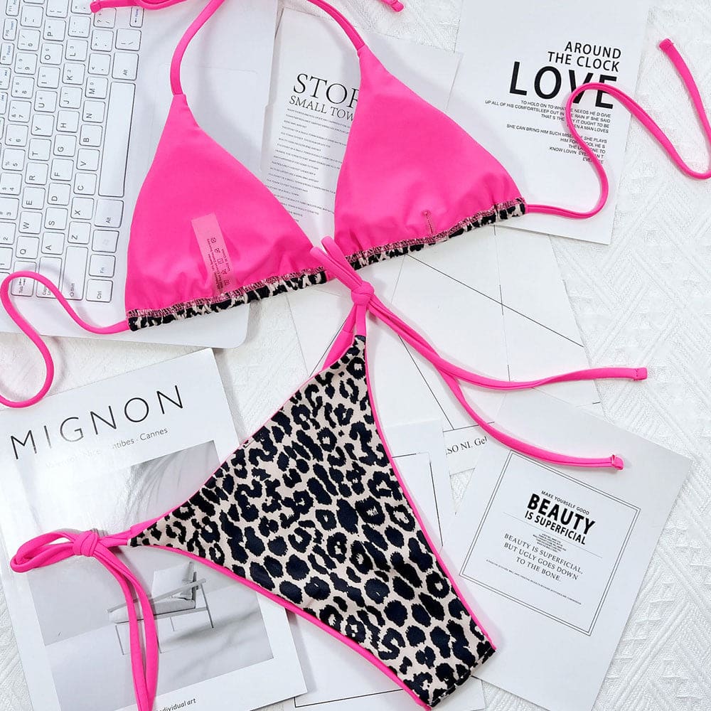 String Triangle Bottom Leopard Bold String Triangle Bikini Swimsuit - Sunnybikinis