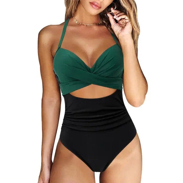 Leopard Halter High Waist Cut Out One Piece Swimsuit - B4702GB / S On sale