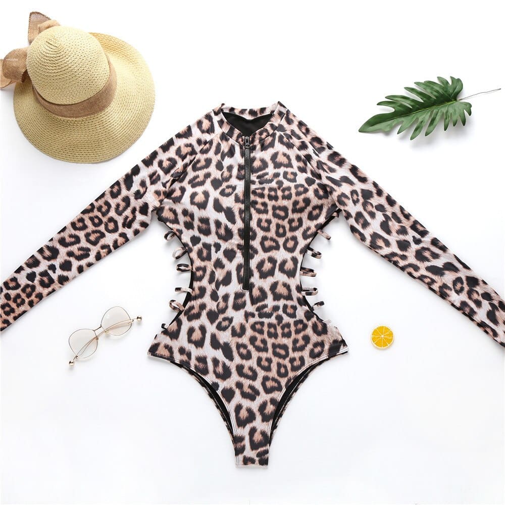 Leopard Long Sleeve Cutout One Piece Swimsuits - On sale