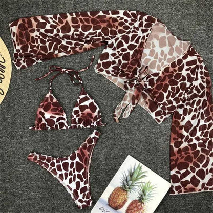 Leopard Long Sleeve Mesh Three Piece Bikini Swimsuits - On sale
