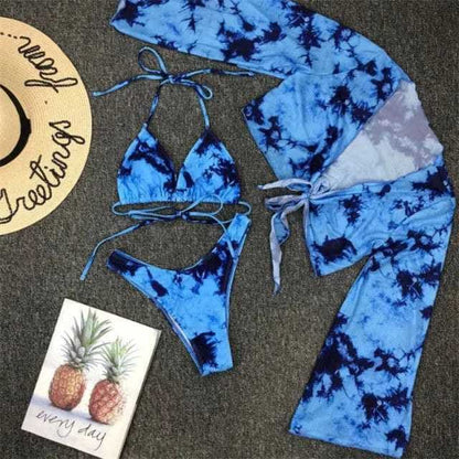 Leopard Long Sleeve Mesh Three Piece Bikini Swimsuits - YX9608BL / S On sale