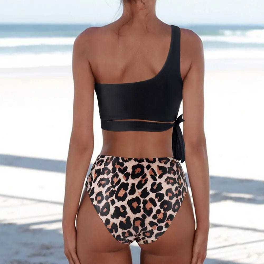Leopard One Shoulder High Waisted Cut Bikini Swimsuit - On sale