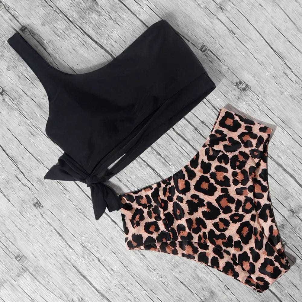 Leopard One Shoulder High Waisted Cut Bikini Swimsuit - On sale