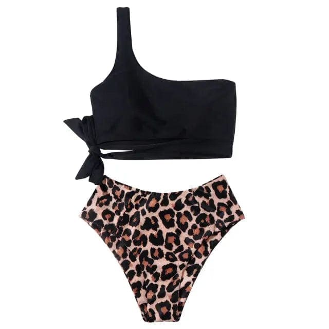 Leopard One Shoulder High Waisted Cut Bikini Swimsuit - On sale
