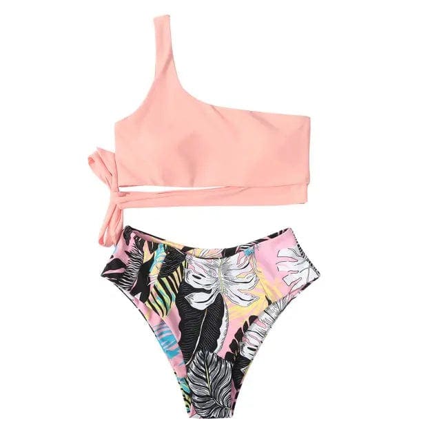 Leopard One Shoulder High Waisted Cut Bikini Swimsuit - B4286PF / S On sale