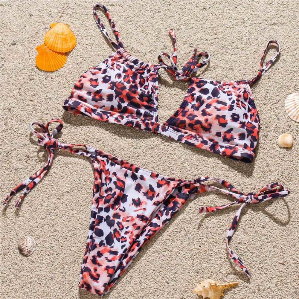 Leopard Tie String Bandeau Brazilian Bikini Swimsuit - On sale