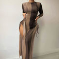 Long Sleeve Cover Up Triangle Three Piece Swimsuit - Brown / S On sale