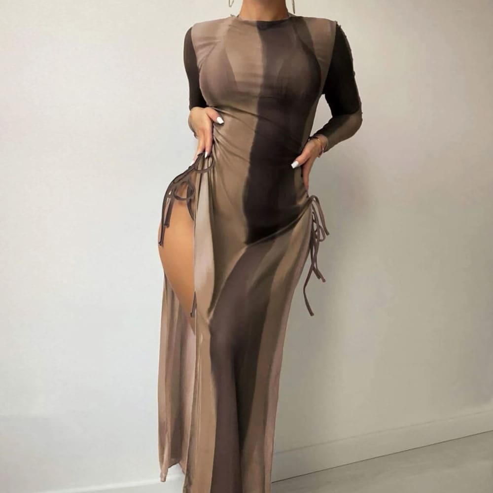 Long Sleeve Cover Up Triangle Three Piece Swimsuit - Brown / S On sale