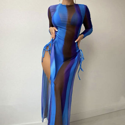 Long Sleeve Cover Up Triangle Three Piece Swimsuit - Royal Blue / S On sale