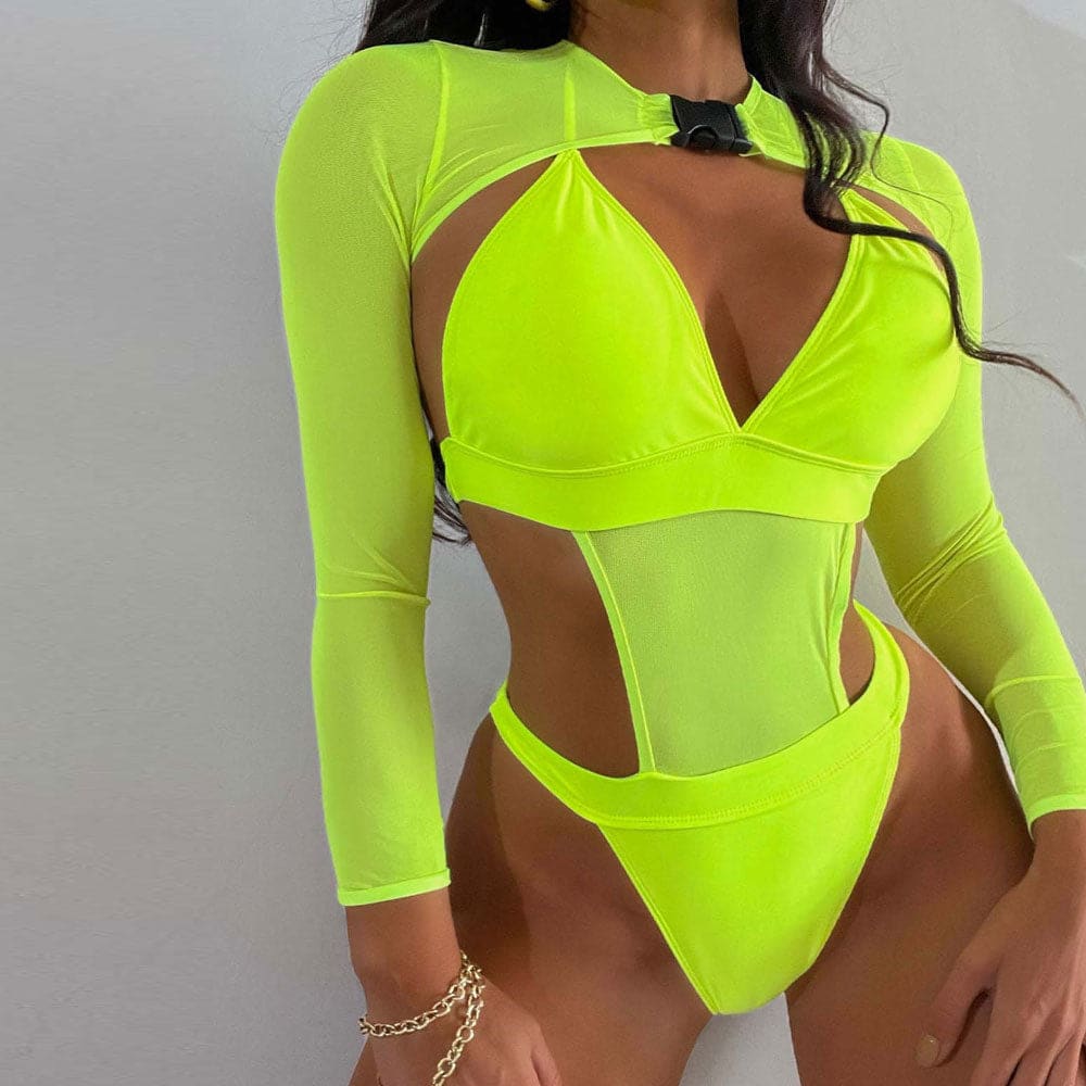 Long Sleeve Cut Out Monokini One Piece Swimsuit - Neon Green / S On sale
