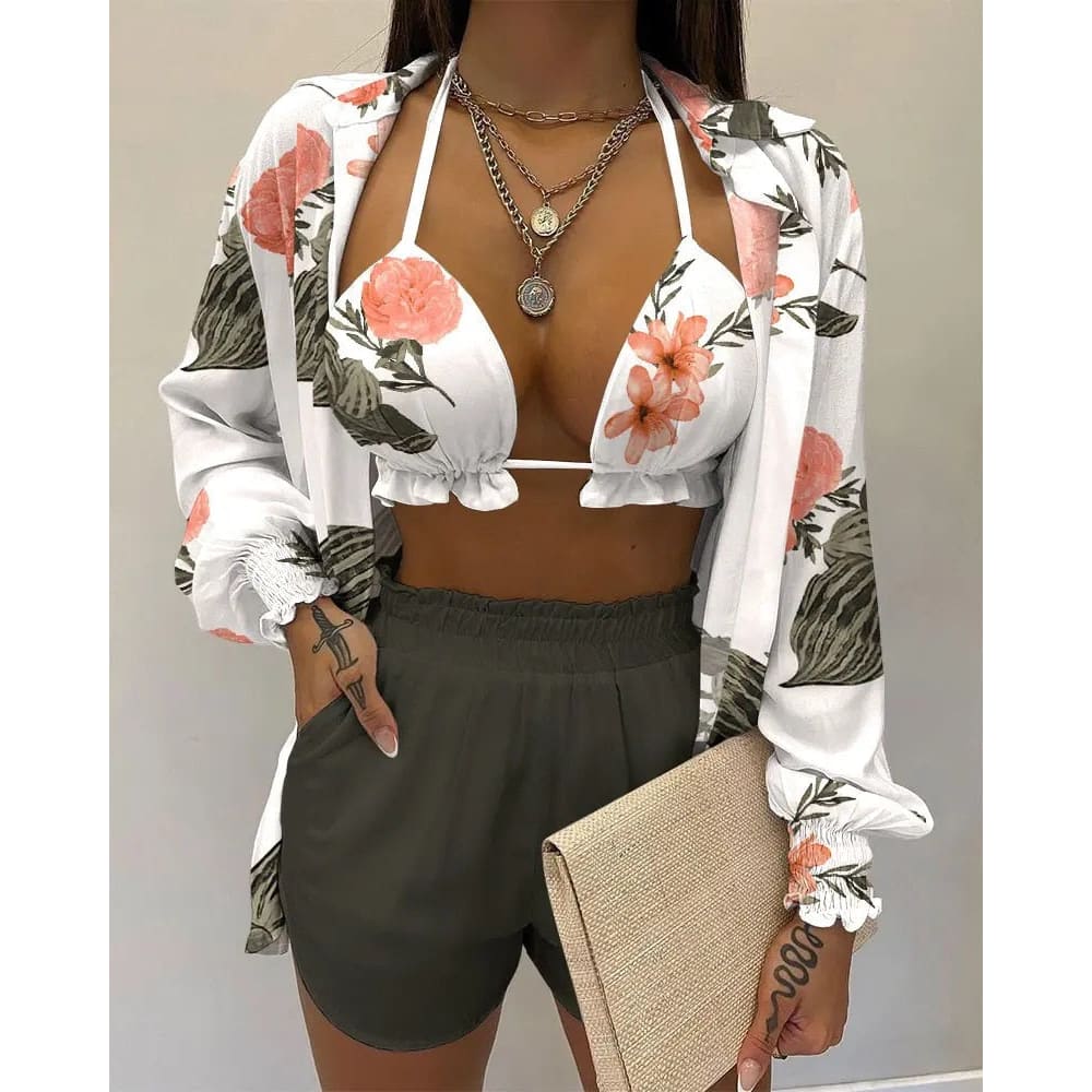 Long Sleeve High Waist Three Piece Bikini Swimsuit - On sale