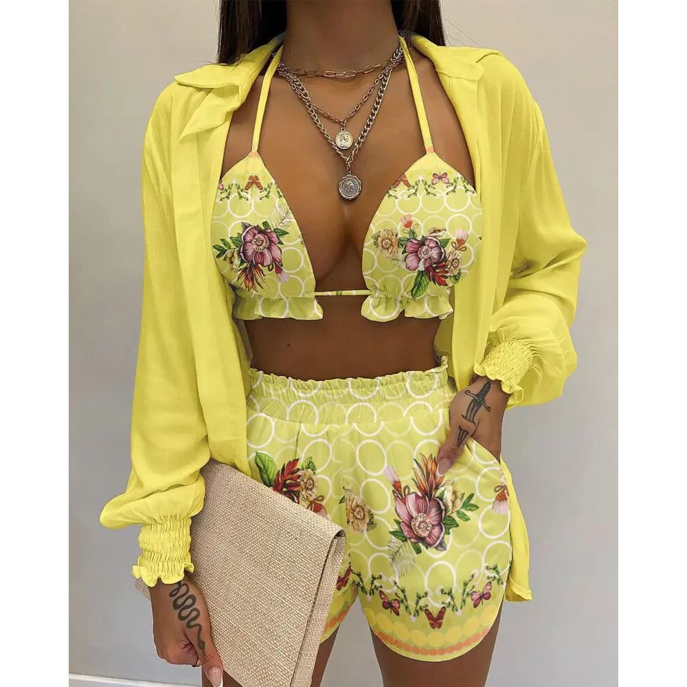 Long Sleeve High Waist Three Piece Bikini Swimsuit - On sale
