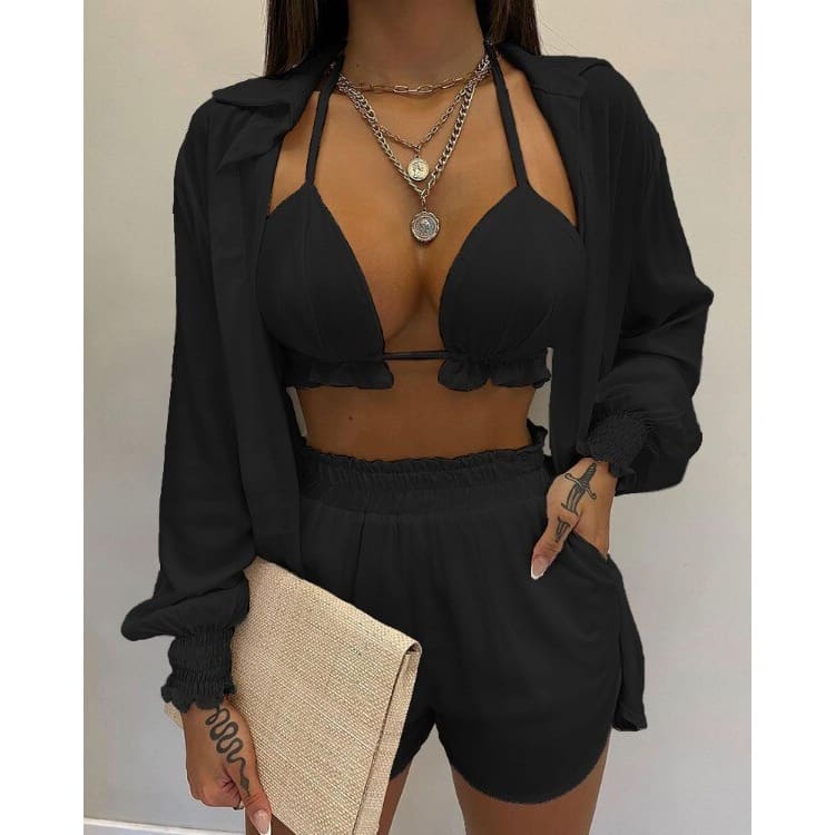 Long Sleeve High Waist Three Piece Bikini Swimsuit - On sale