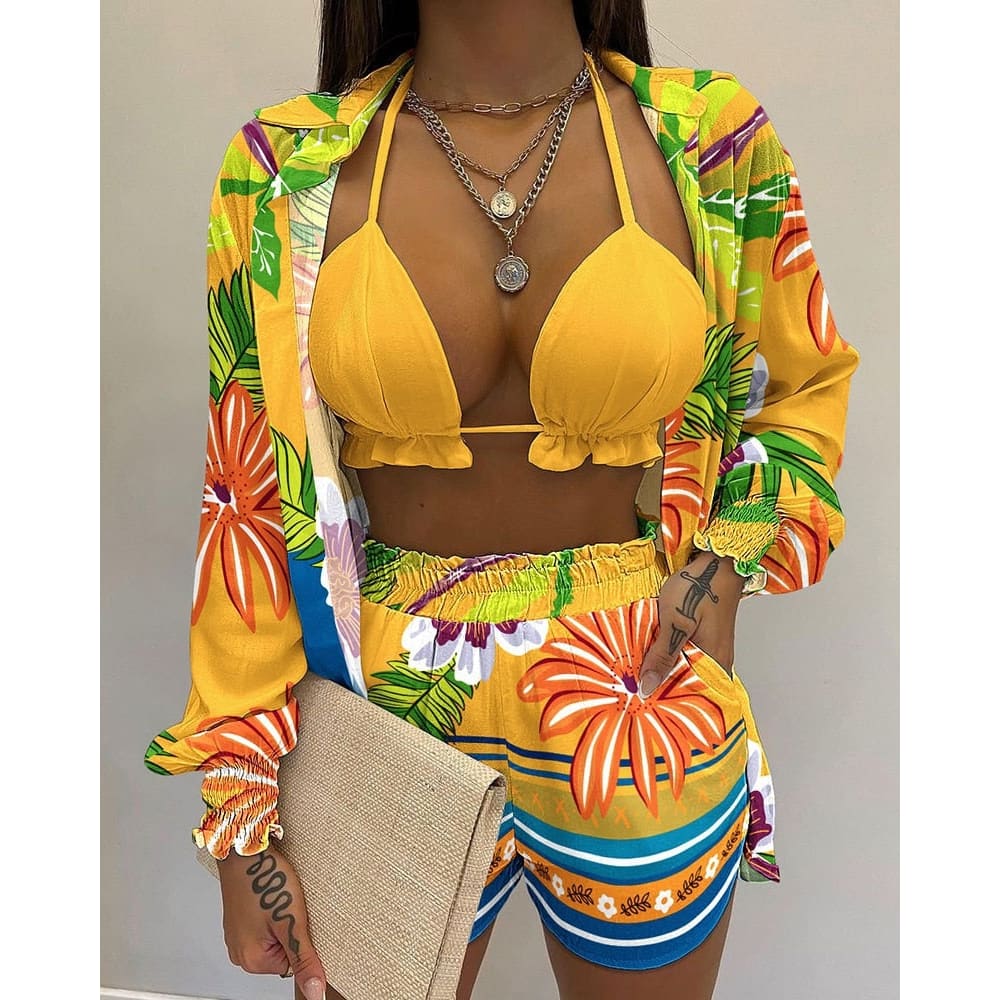 Long Sleeve High Waist Three Piece Bikini Swimsuit - Style11 / S On sale