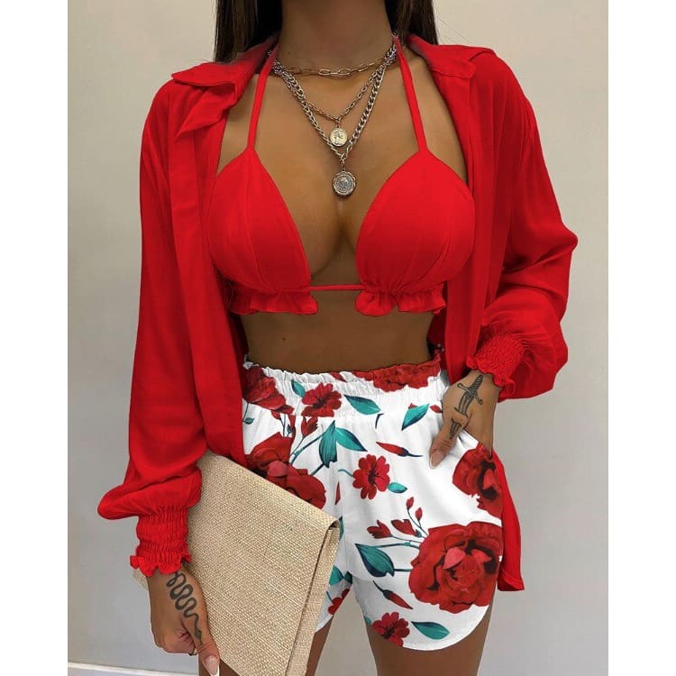 Long Sleeve High Waist Three Piece Bikini Swimsuit - Style3 / S On sale