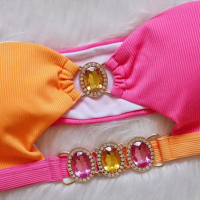 Luxury Rhinestone Push Up Bandeau Brazilian Bikini - On sale