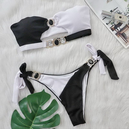 Luxury Rhinestone Push Up Bandeau Brazilian Bikini - Black / S On sale