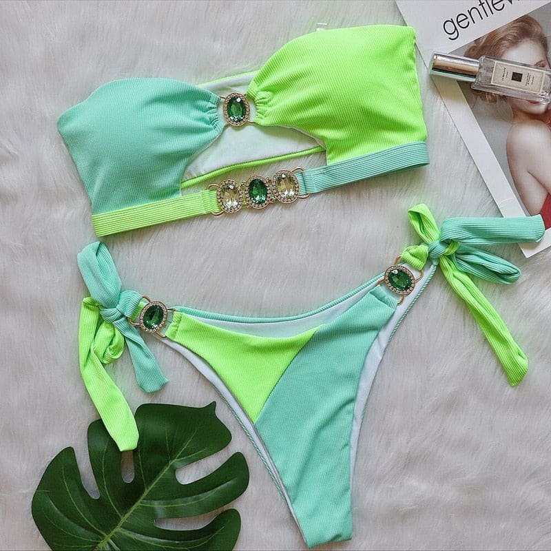 Luxury Rhinestone Push Up Bandeau Brazilian Bikini - Green / S On sale