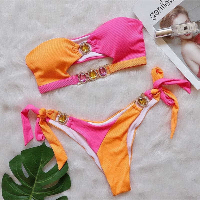 Luxury Rhinestone Push Up Bandeau Brazilian Bikini - Orange / S On sale