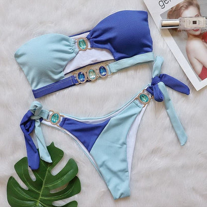 Luxury Rhinestone Push Up Bandeau Brazilian Bikini - Sky blue / S On sale
