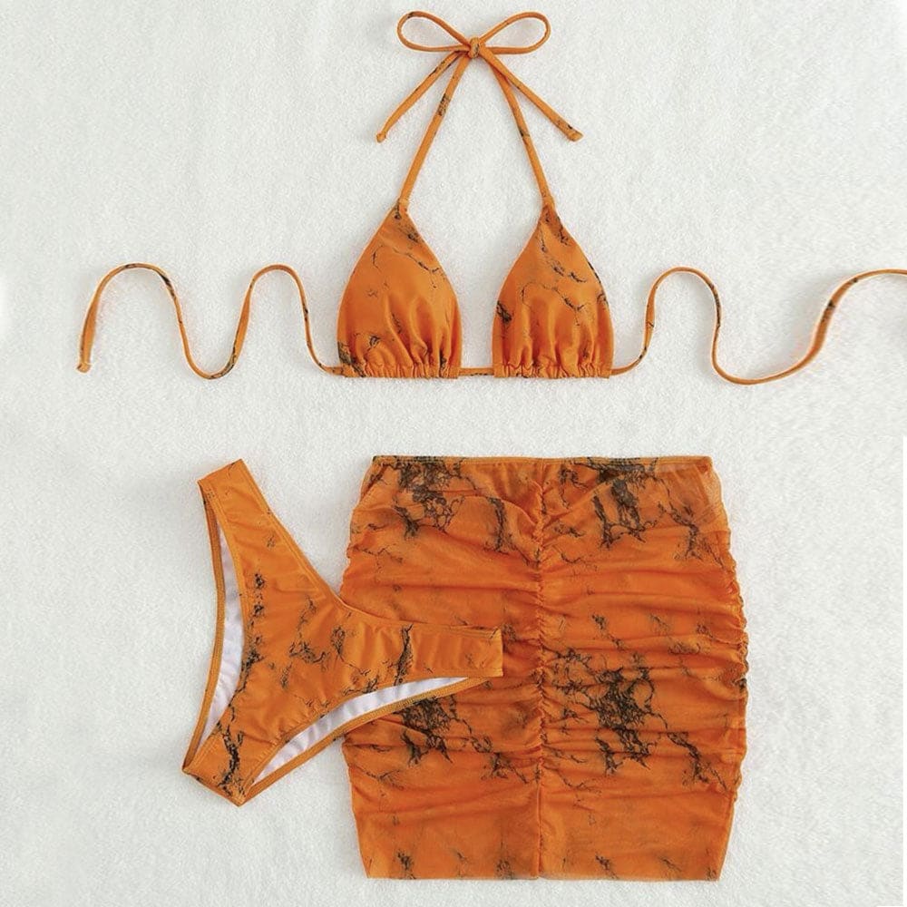 Marble High Cut Triangle Sarong Three Piece Swimsuit - On sale