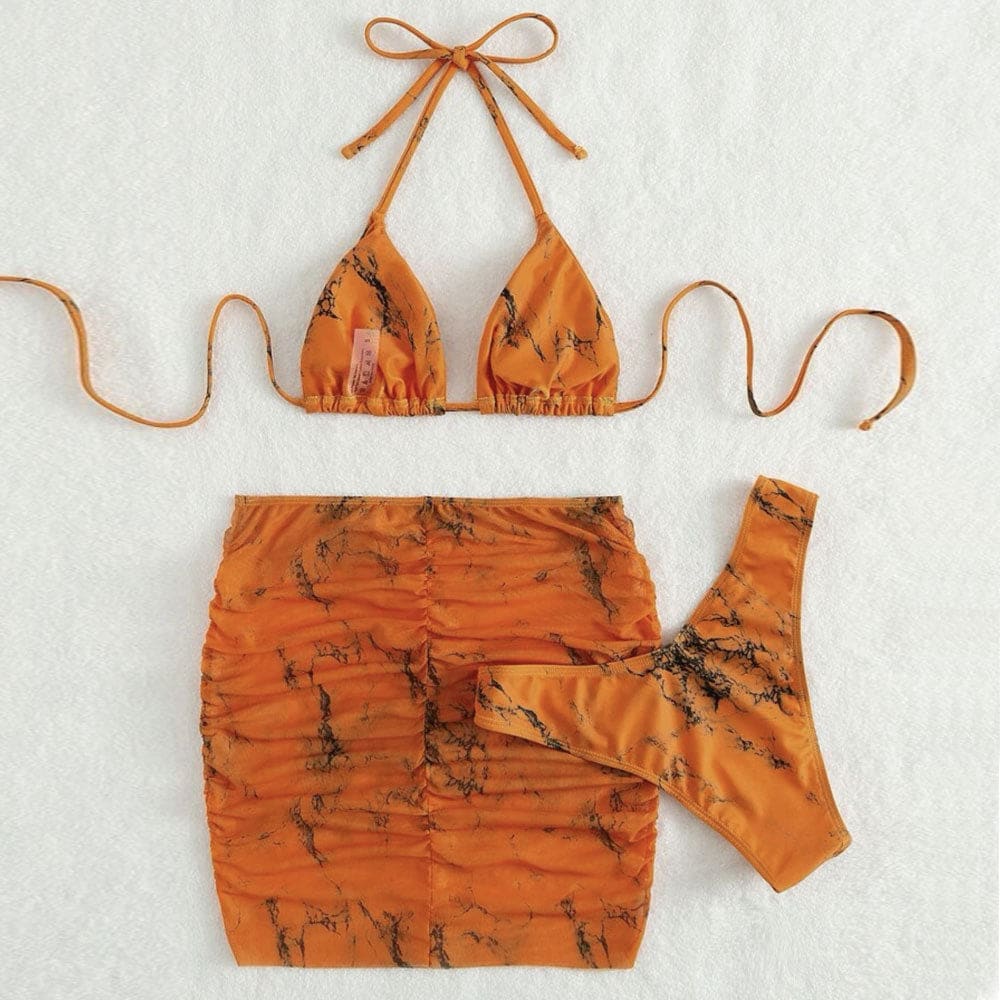 Marble High Cut Triangle Sarong Three Piece Swimsuit - On sale