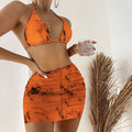 Marble High Cut Triangle Sarong Three Piece Swimsuit - Burnt Orange / S On sale
