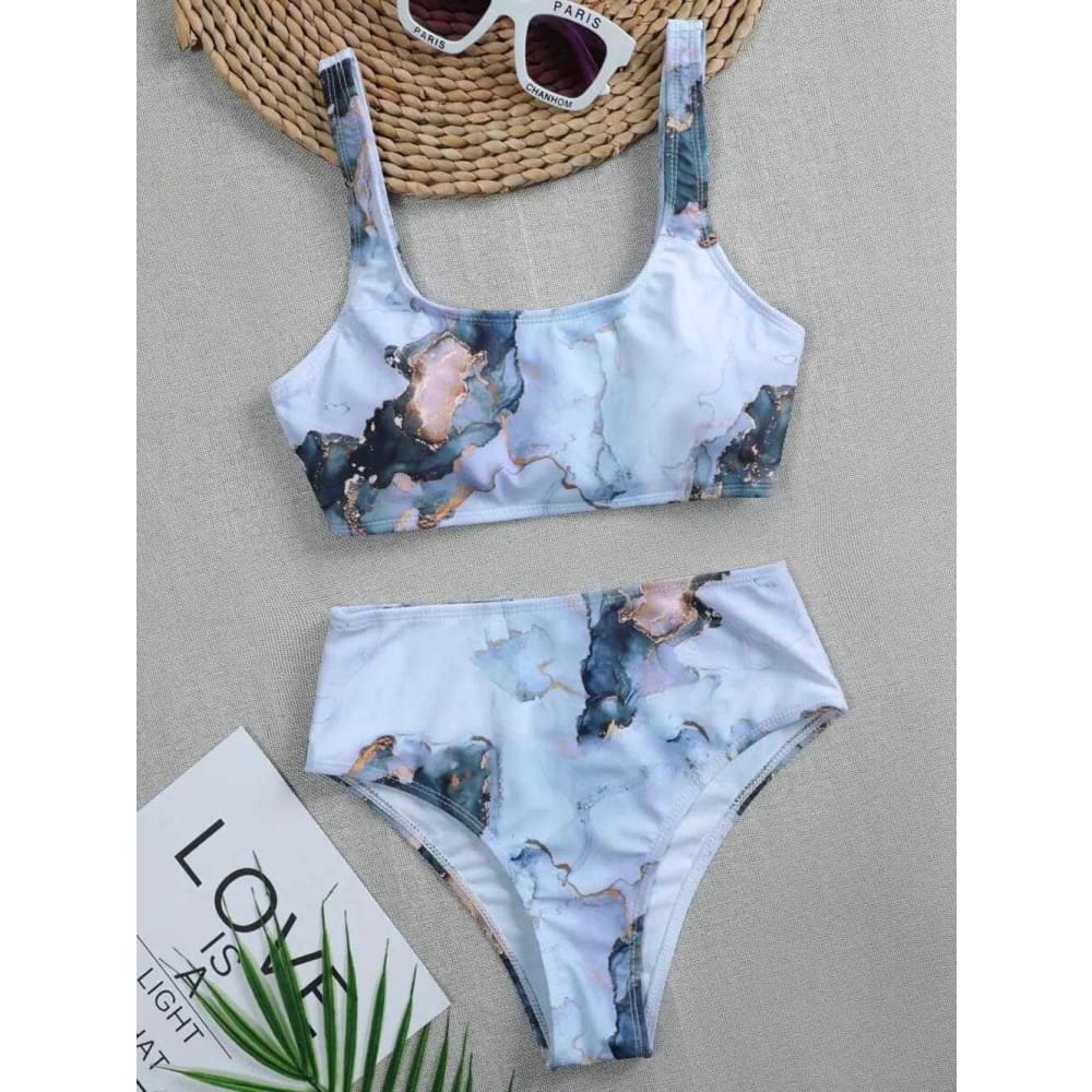 Marble Print Bandeau Push up High Waist Bikini Swimsuit - On sale