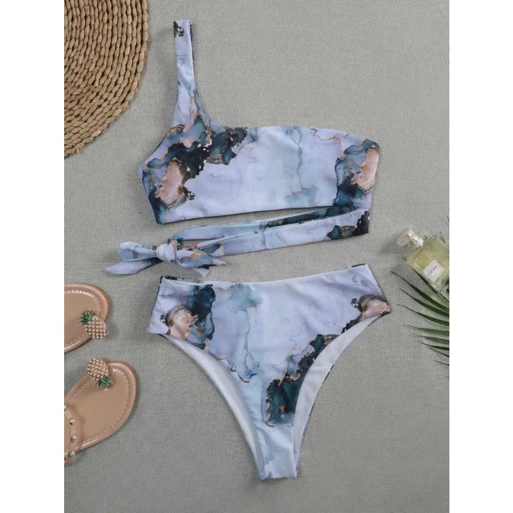 Marble Print Bandeau Push up High Waist Bikini Swimsuit - On sale