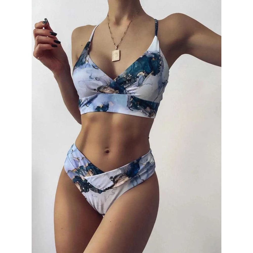 Marble Print Bandeau Push up High Waist Bikini Swimsuit - On sale