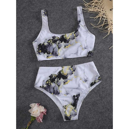 Marble Print Bandeau Push up High Waist Bikini Swimsuit - 6341 NO 5 / S On sale