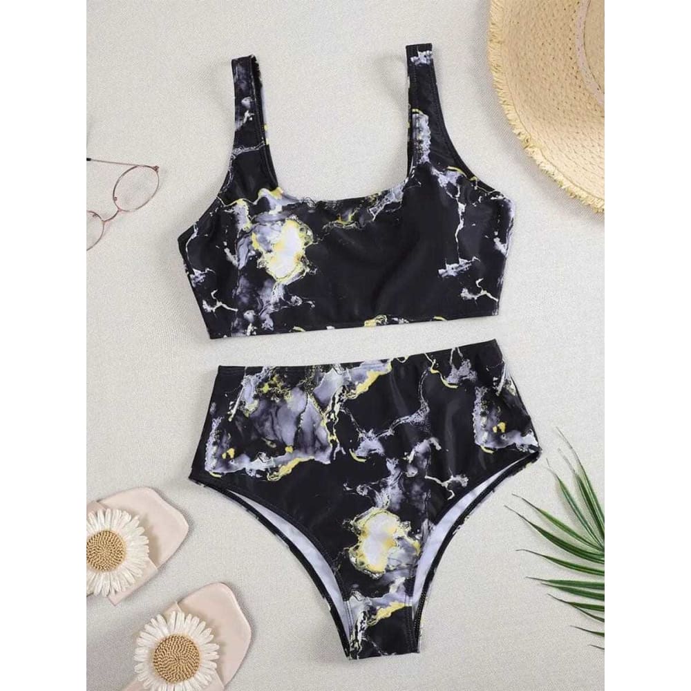 Marble Print Bandeau Push up High Waist Bikini Swimsuit - 6341 NO 6 / S On sale