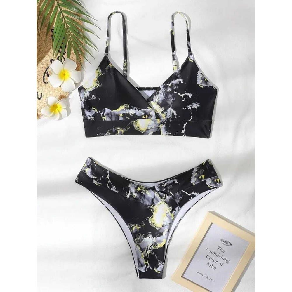 Marble Print Bandeau Push up High Waist Bikini Swimsuit - 6381 NO 2 / S On sale