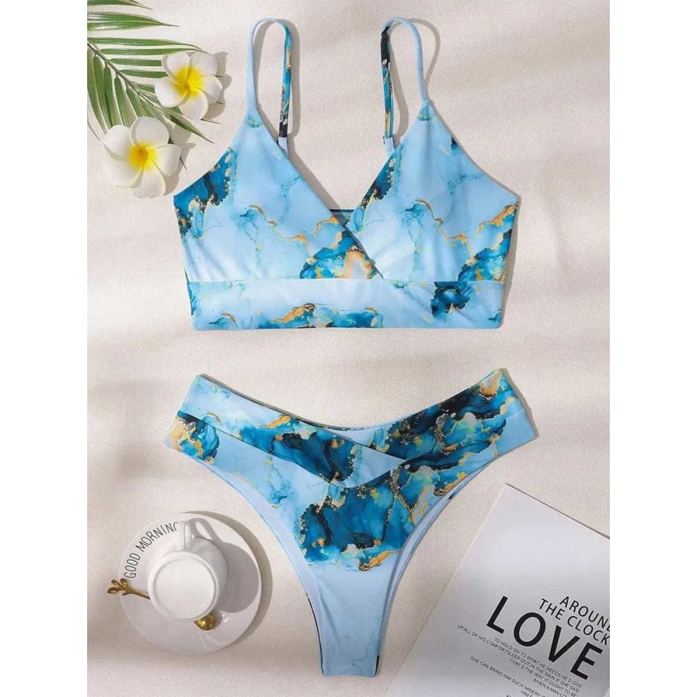 Marble Print Bandeau Push up High Waist Bikini Swimsuit - 6381 NO 3 / S On sale