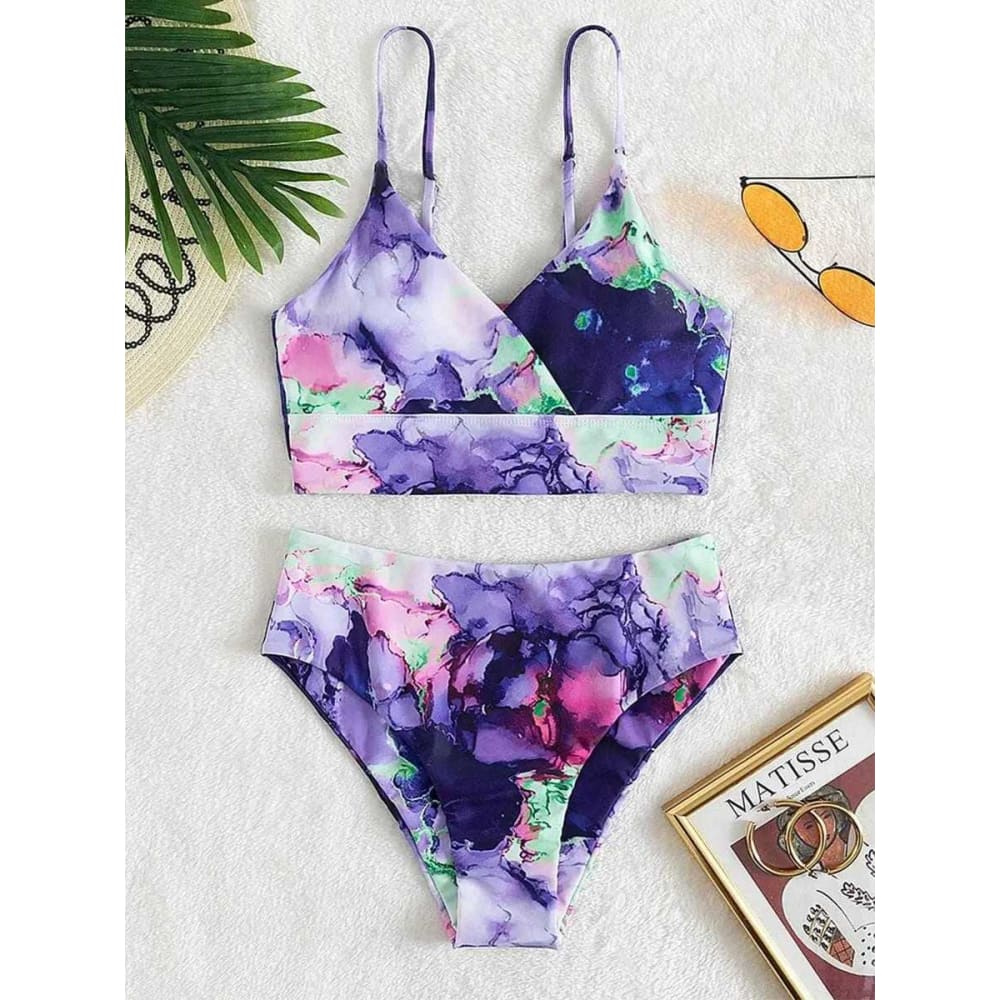 Marble Print Bandeau Push up High Waist Bikini Swimsuit - 6381 NO 4 / S On sale