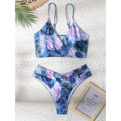 Marble Print Bandeau Push up High Waist Bikini Swimsuit - 6381 NO 5 / S On sale