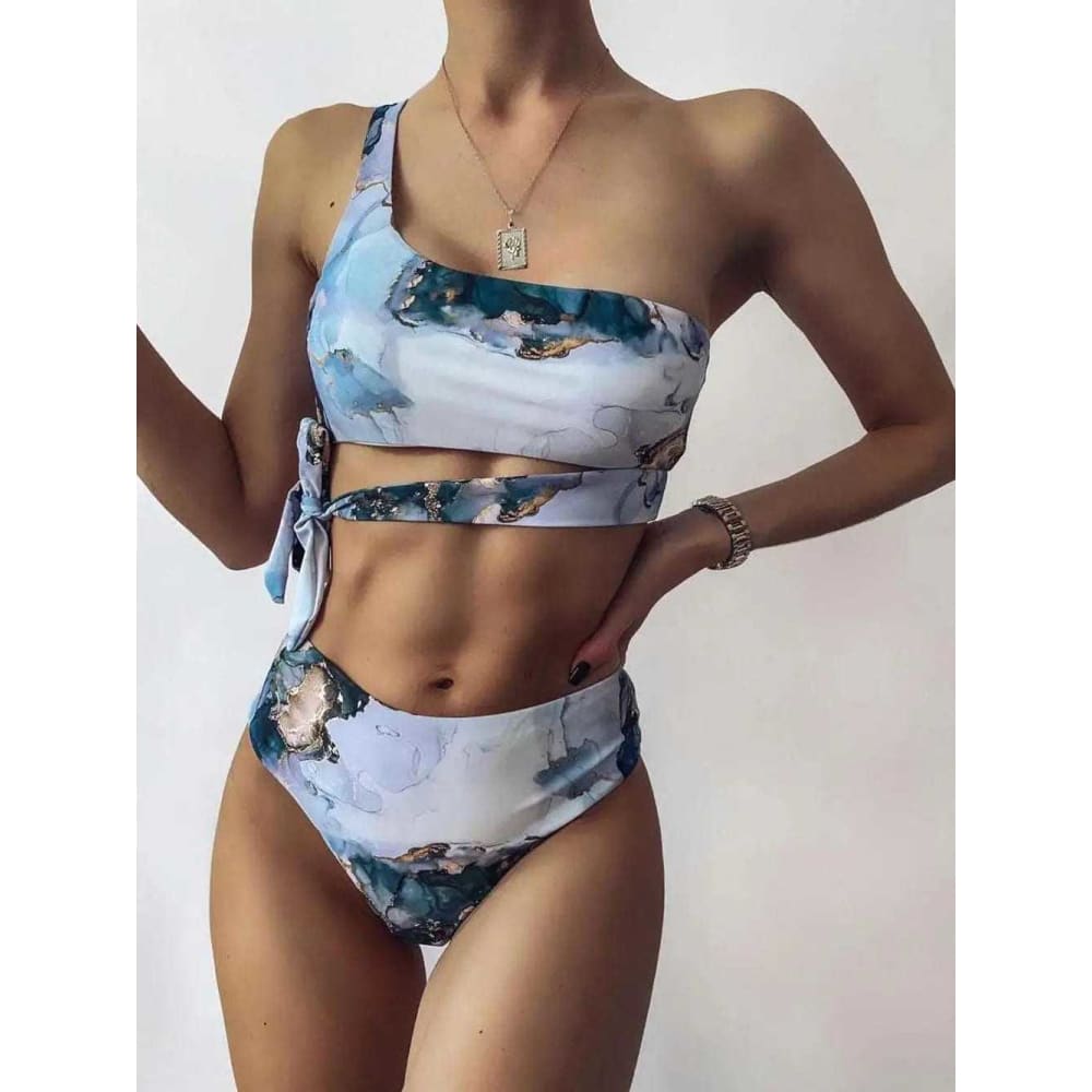 Marble Print Bandeau Push up High Waist Bikini Swimsuit - On sale