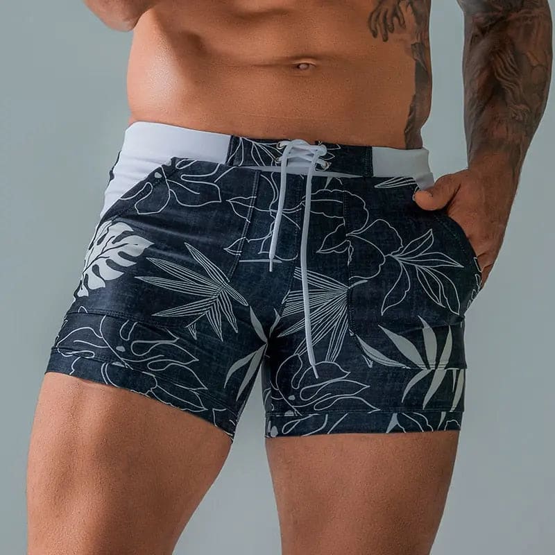 Mens Swim Shorts Drawstring Elastic Waist Swimsuit - Beige Flower / S / China On sale