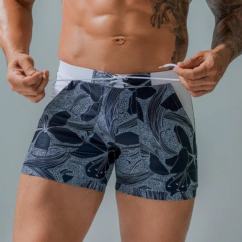 Mens Swim Shorts Drawstring Elastic Waist Swimsuit - Black Flower / S / China On sale
