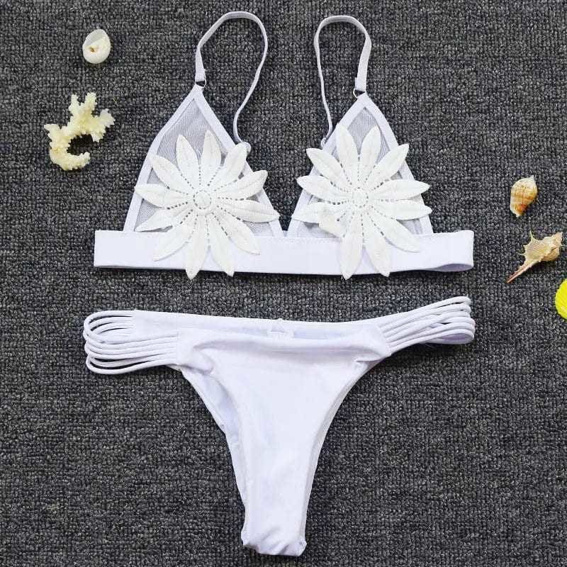 Mesh 3D Floral Strappy Brazilian Thong Bikini Swimsuits - On sale