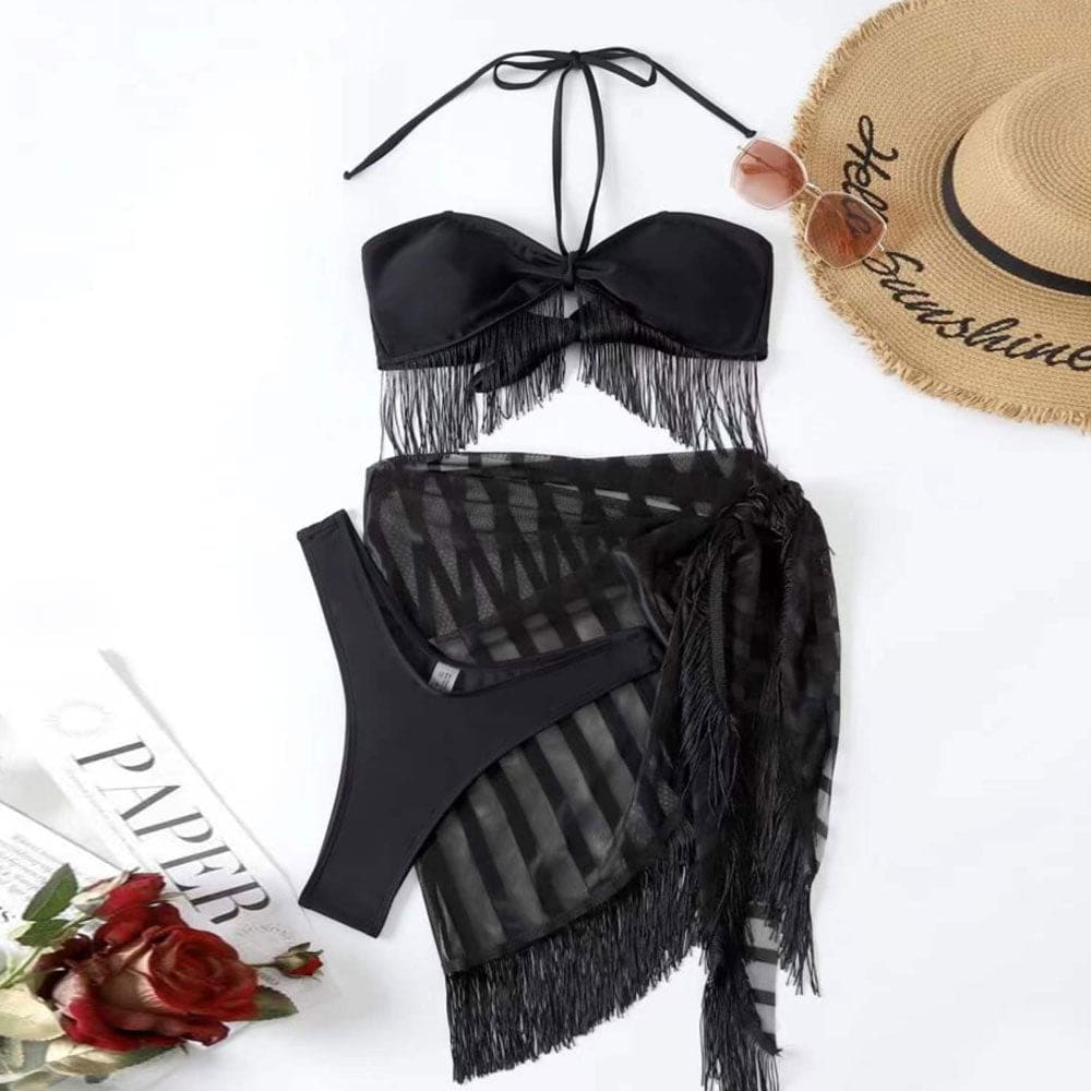 Mesh Fringed High Cut Halter Three Piece Swimsuit - On sale